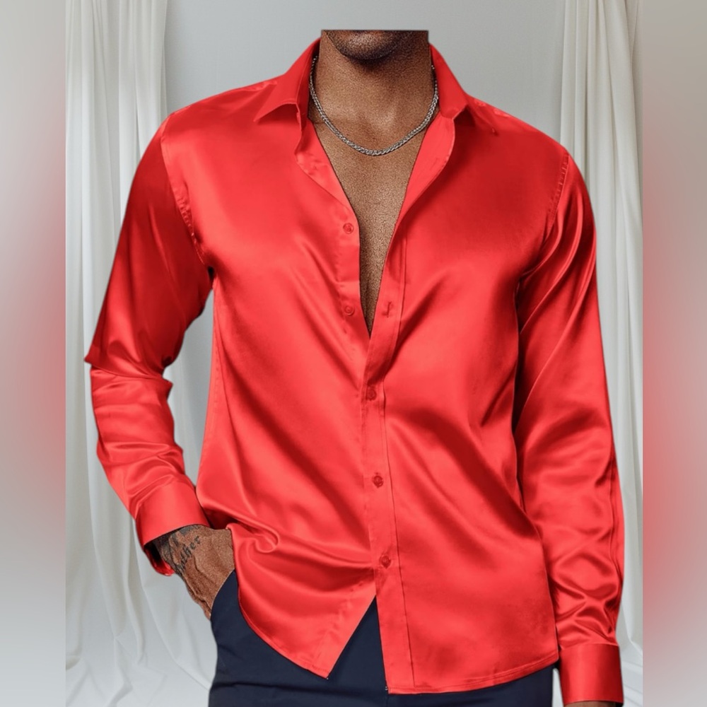 PJ Paul Jones Men’s Satin Retro Club Like Button Down Dress Shirt Sz Med Red